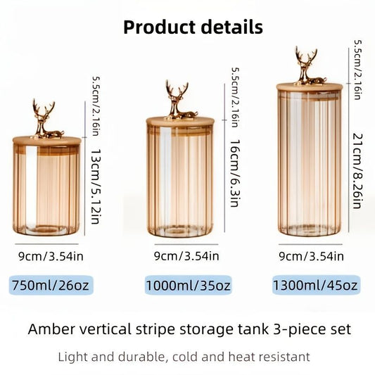 deer head storage jars, food grade canisters, coffee bean container, airtight cereal jar, grain storage set, decorative kitchen jars, pantry organization, glass canisters with lids, wooden lid jars - Clear - Size 3PCS