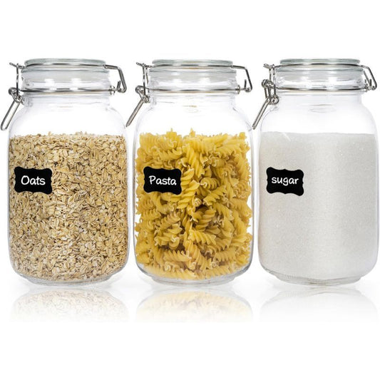 glass storage jars, airtight jars, kitchen storage, food storage, grain storage, pasta storage, sugar storage, clamp-top jars, borosilicate glass, Australian pantry, dry goods storage, sealable jars - Clear - Size 2pcs-1000ml
