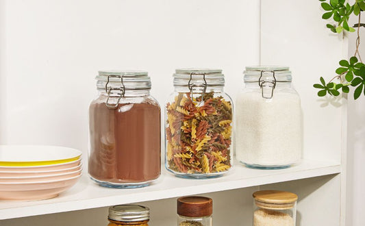 glass storage jars, airtight jars, kitchen storage, food storage, grain storage, pasta storage, sugar storage, clamp-top jars, borosilicate glass, Australian pantry, dry goods storage, sealable jars - Clear - Size 2pcs-1000ml