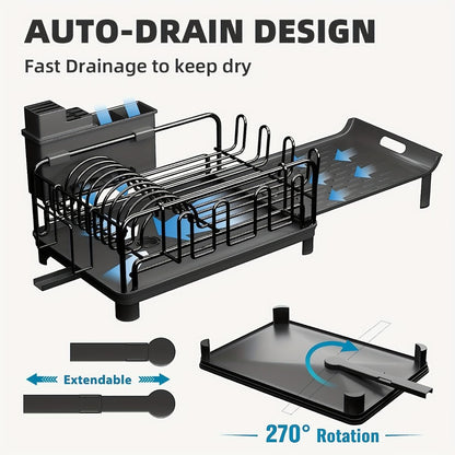 extendable dish drying rack, rust proof dish rack, auto drain dish rack, utensil and cup holder, kitchen counter dish rack, Australian kitchen, drying rack with tray - Black - Size Black