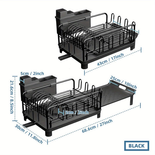 extendable dish drying rack, rust proof dish rack, auto drain dish rack, utensil and cup holder, kitchen counter dish rack, Australian kitchen, drying rack with tray - Black - Size Black