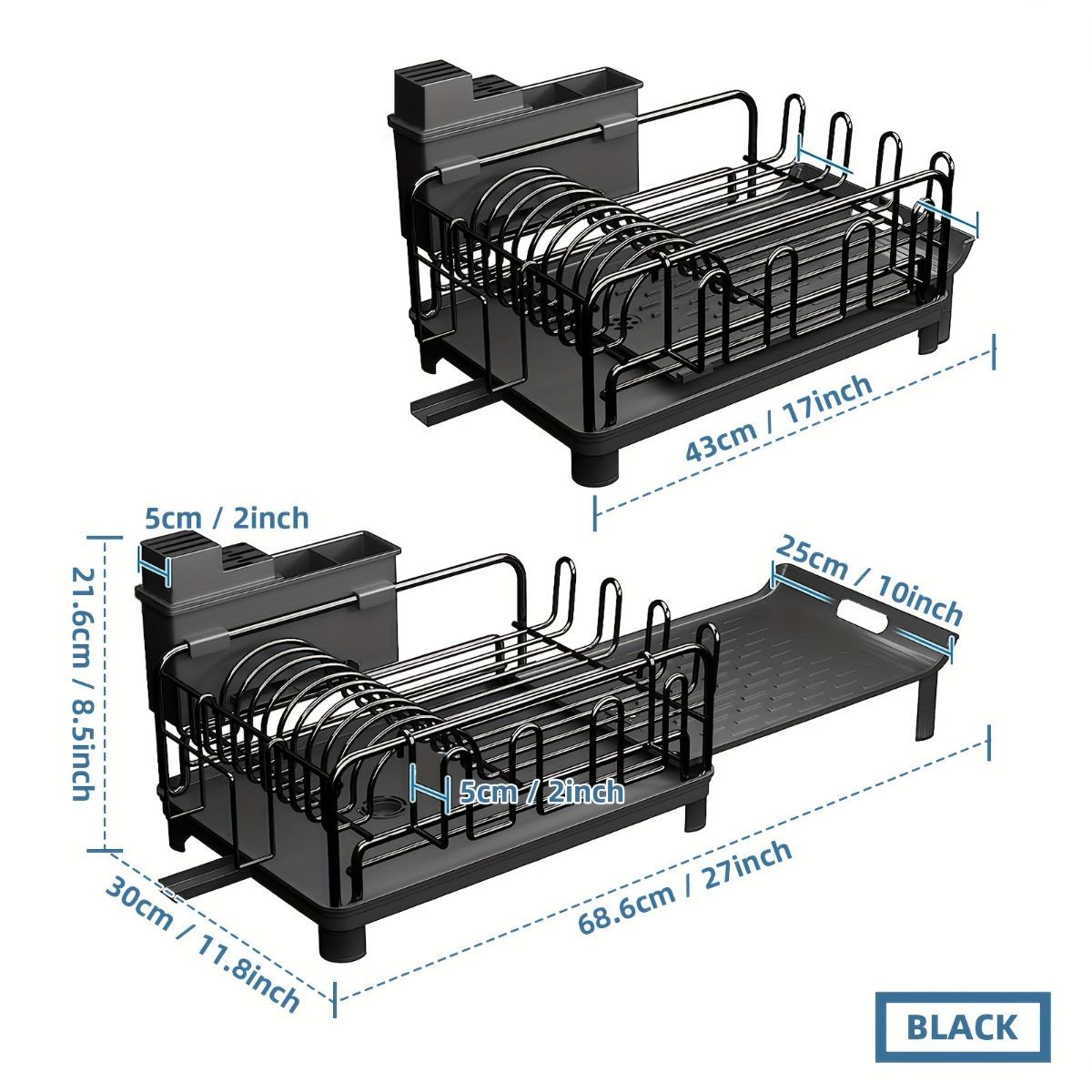 extendable dish drying rack, rust proof dish rack, auto drain dish rack, utensil and cup holder, kitchen counter dish rack, Australian kitchen, drying rack with tray - Black - Size Black