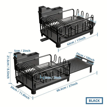 extendable dish drying rack, rust proof dish rack, auto drain dish rack, utensil and cup holder, kitchen counter dish rack, Australian kitchen, drying rack with tray - Black - Size Black