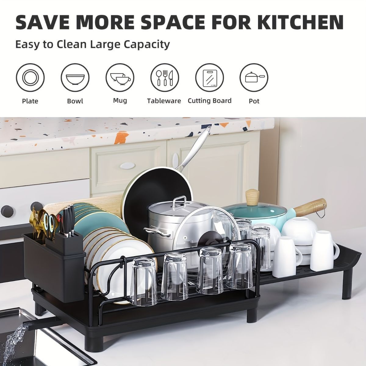 extendable dish drying rack, rust proof dish rack, auto drain dish rack, utensil and cup holder, kitchen counter dish rack, Australian kitchen, drying rack with tray - Black - Size Black