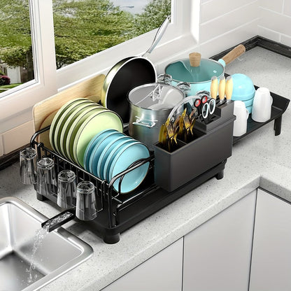 extendable dish drying rack, rust proof dish rack, auto drain dish rack, utensil and cup holder, kitchen counter dish rack, Australian kitchen, drying rack with tray - Black - Size Black