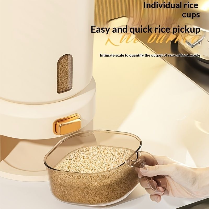 large capacity rice dispenser, measuring cup, time scale, plastic grain storage container, sealed food storage, insect proof food storage, moisture proof food storage, flour storage, pet food storage, Australian kitchen - Creamy - Size 10L