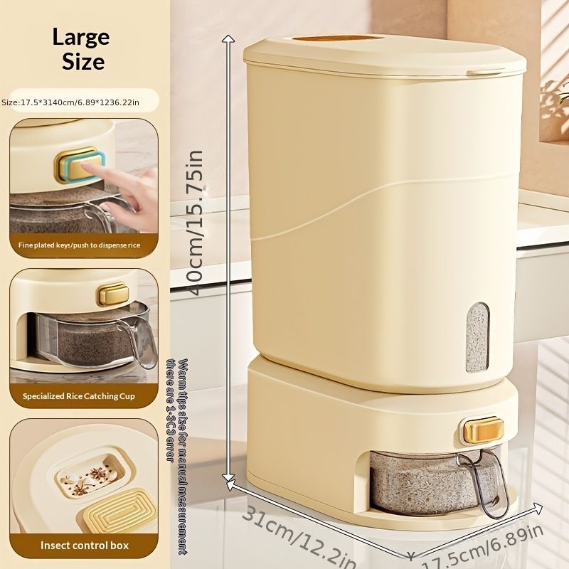 large capacity rice dispenser, measuring cup, time scale, plastic grain storage container, sealed food storage, insect proof food storage, moisture proof food storage, flour storage, pet food storage, Australian kitchen - Creamy - Size 10L
