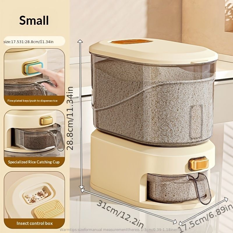 large capacity rice dispenser, measuring cup, time scale, plastic grain storage container, sealed food storage, insect proof food storage, moisture proof food storage, flour storage, pet food storage, Australian kitchen - Creamy - Size 10L