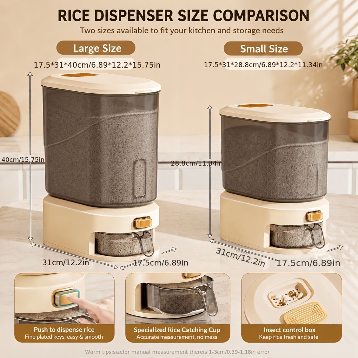 large capacity rice dispenser, measuring cup, time scale, plastic grain storage container, sealed food storage, insect proof food storage, moisture proof food storage, flour storage, pet food storage, Australian kitchen - Creamy - Size 10L