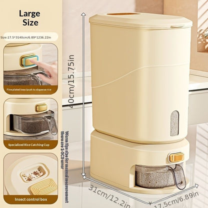 large capacity rice dispenser, measuring cup, time scale, plastic grain storage container, sealed food storage, insect proof food storage, moisture proof food storage, flour storage, pet food storage, Australian kitchen - Creamy - Size 20L