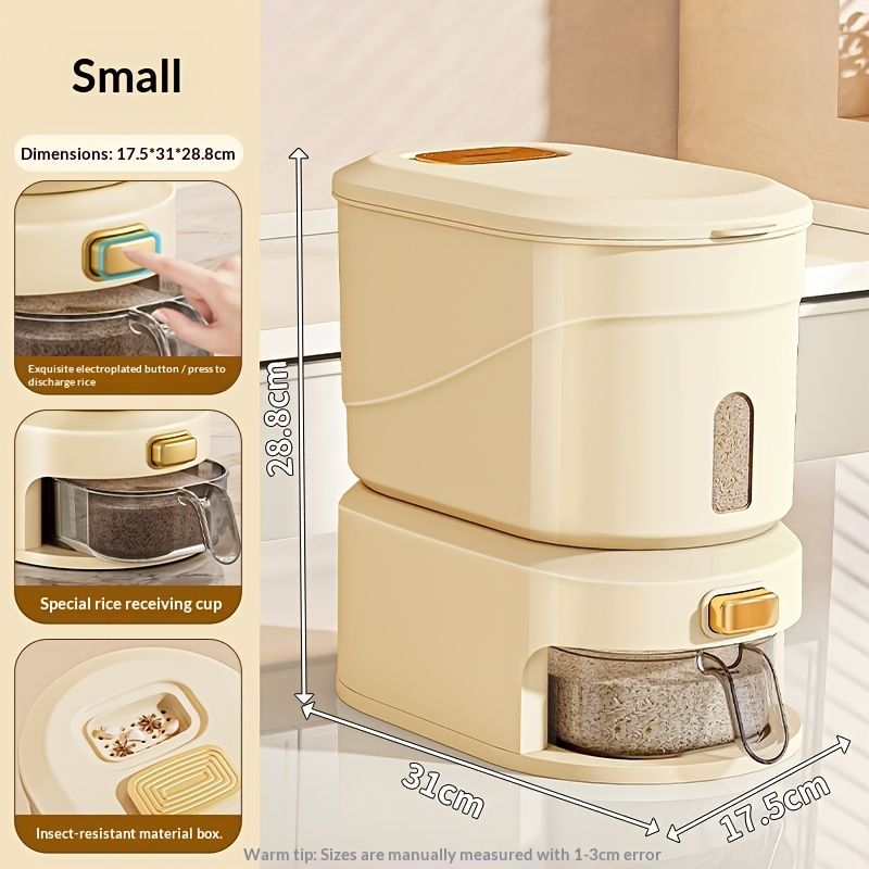 large capacity rice dispenser, measuring cup, time scale, plastic grain storage container, sealed food storage, insect proof food storage, moisture proof food storage, flour storage, pet food storage, Australian kitchen - Creamy - Size 20L