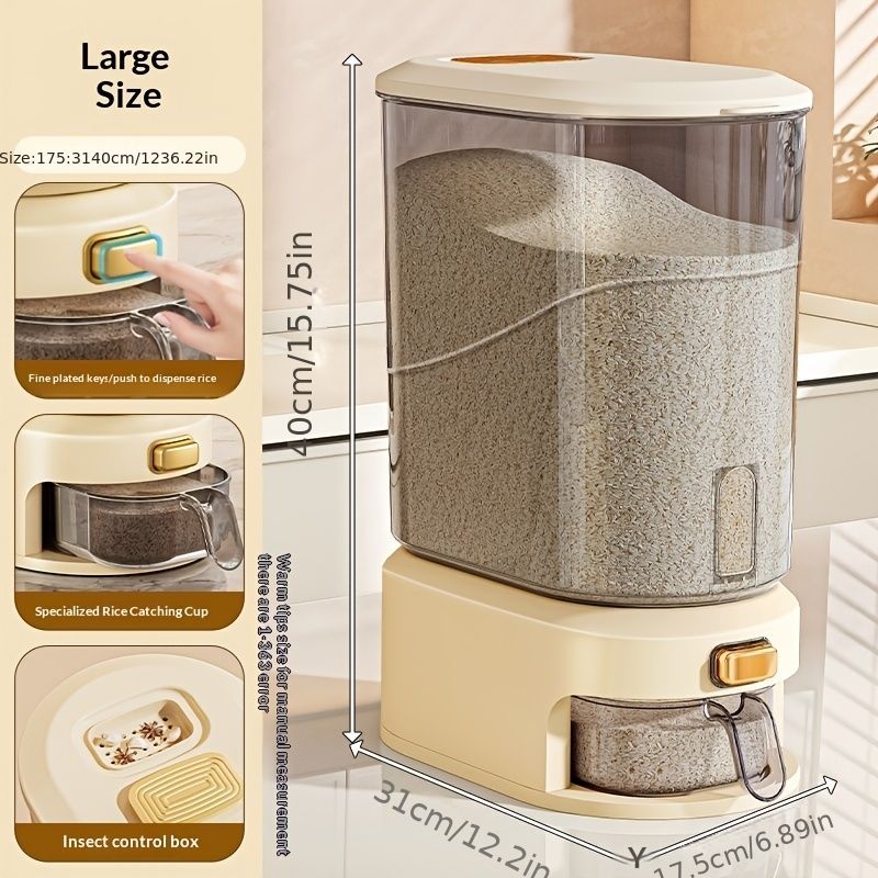 large capacity rice dispenser, measuring cup, time scale, plastic grain storage container, sealed food storage, insect proof food storage, moisture proof food storage, flour storage, pet food storage, Australian kitchen - Creamy - Size 20L