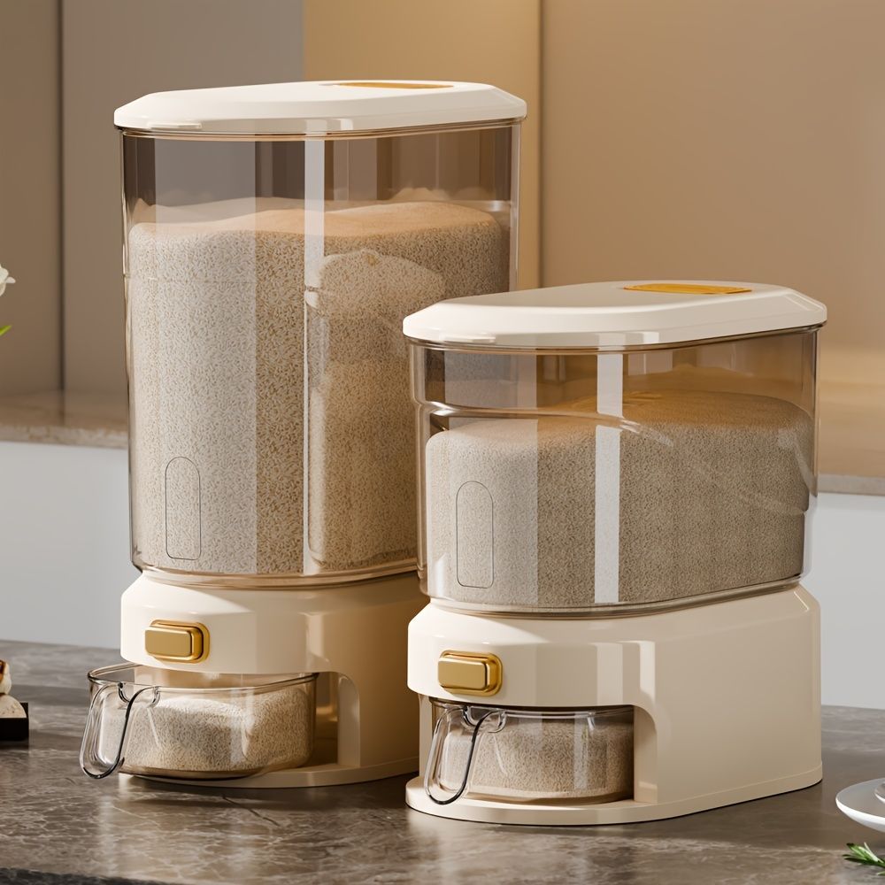 large capacity rice dispenser, measuring cup, time scale, plastic grain storage container, sealed food storage, insect proof food storage, moisture proof food storage, flour storage, pet food storage, Australian kitchen - Creamy - Size 20L