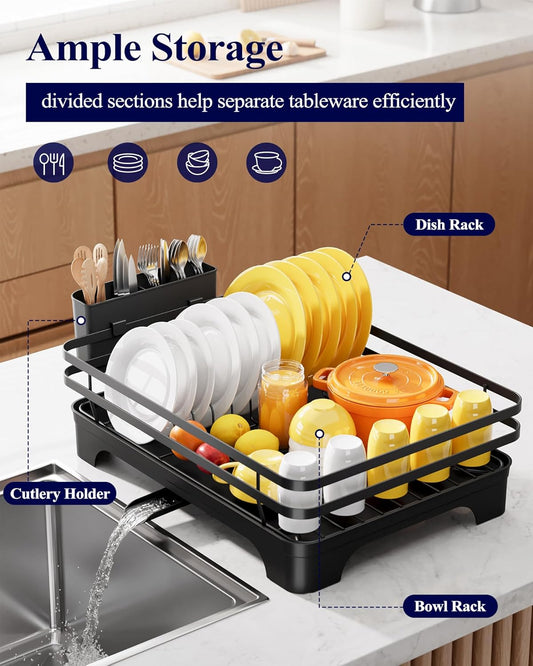 Dish Drying Rack - Multi-Functional Dish Rack for Kitchen Counter with Cutlery Holder, Rust-Proof Storage Solution with Rotatable,  Black