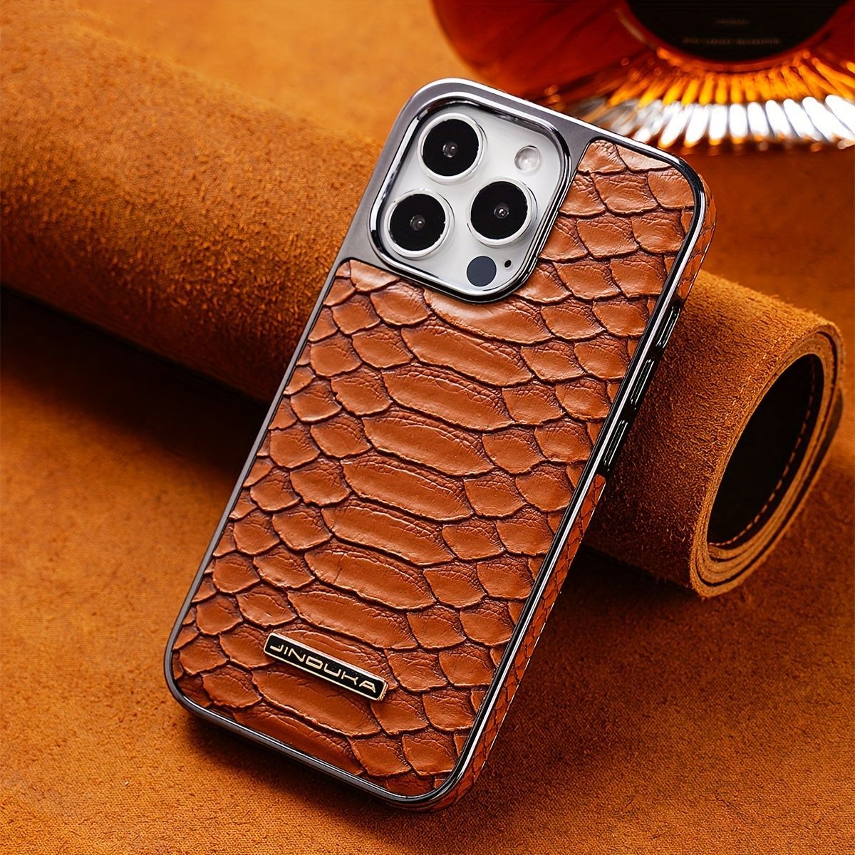 snake-pattern leather phone case, fingerprint-resistant phone case, high-end leather phone case, stylish phone case, durable phone case, Australia - Black - Size iPhone 15 Pro