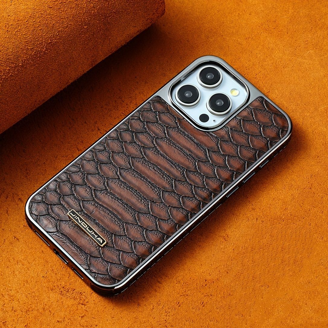 snake-pattern leather phone case, fingerprint-resistant phone case, high-end leather phone case, stylish phone case, durable phone case, Australia - Brown - Size iPhone 16 Pro Max