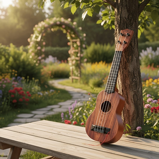 Mahogany color 17-inch Playable Ukulele Mini Guitar, lightweight and portable. Features comfortable nylon strings, includes a pick, and has open-style tuning pegs for precise tuning. Suitable for beginners and music enthusiasts, a popular gift choice for