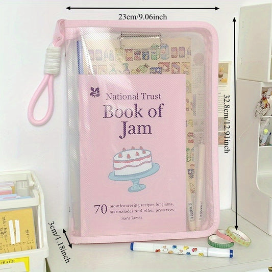 Macaron Candy Student File Bag + PET Animal Stickers - Hand-Carry Large Capacity Waterproof A4 Zipper Transparent Exam Paper & Textbook Storage Bag, Folder（pink）