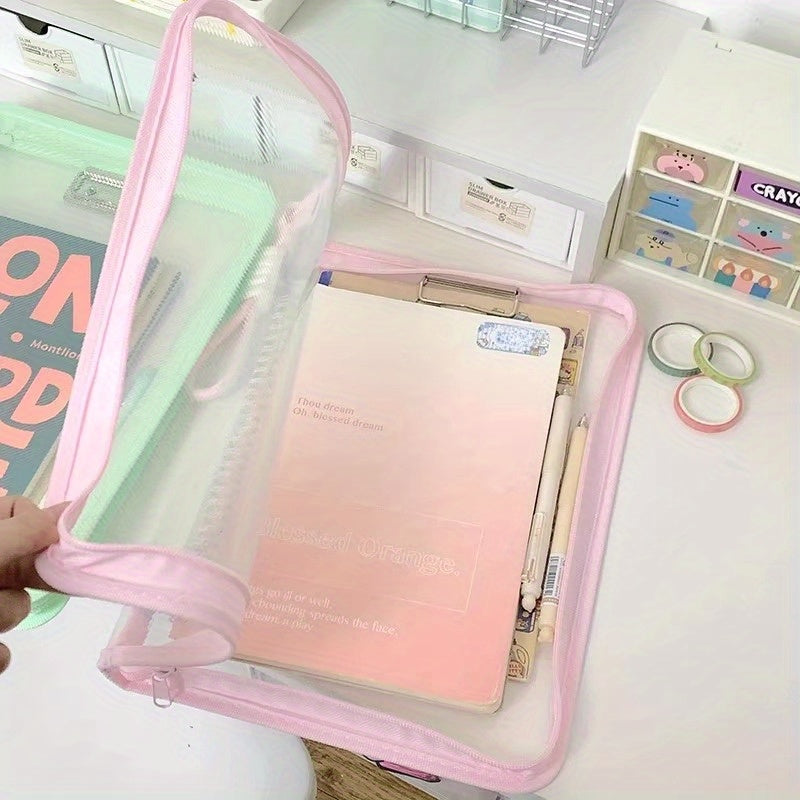 Macaron Candy Student File Bag + PET Animal Stickers - Hand-Carry Large Capacity Waterproof A4 Zipper Transparent Exam Paper & Textbook Storage Bag, Folder（pink）