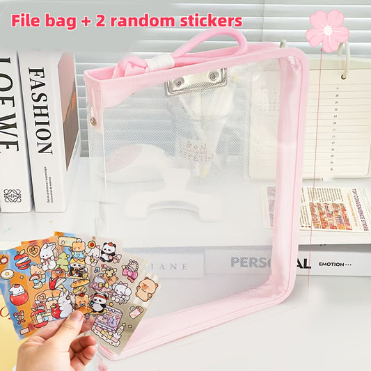 Macaron Candy Student File Bag + PET Animal Stickers - Hand-Carry Large Capacity Waterproof A4 Zipper Transparent Exam Paper & Textbook Storage Bag, Folder（blue）