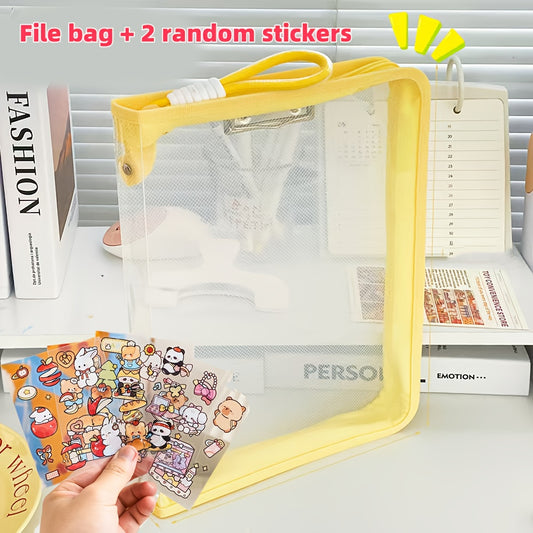 Macaron Candy Student File Bag + PET Animal Stickers - Hand-Carry Large Capacity Waterproof A4 Zipper Transparent Exam Paper & Textbook Storage Bag, Folder（yellow）