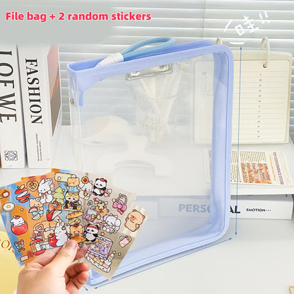 Macaron Candy Student File Bag + PET Animal Stickers - Hand-Carry Large Capacity Waterproof A4 Zipper Transparent Exam Paper & Textbook Storage Bag, Folder（yellow）