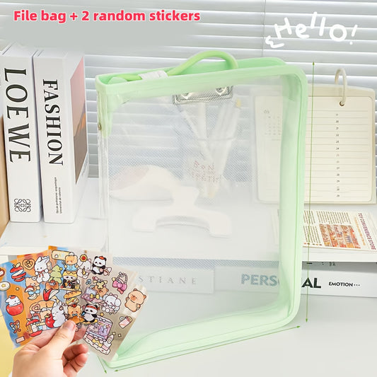 Macaron Candy Student File Bag + PET Animal Stickers - Hand-Carry Large Capacity Waterproof A4 Zipper Transparent Exam Paper & Textbook Storage Bag, Folder（green）