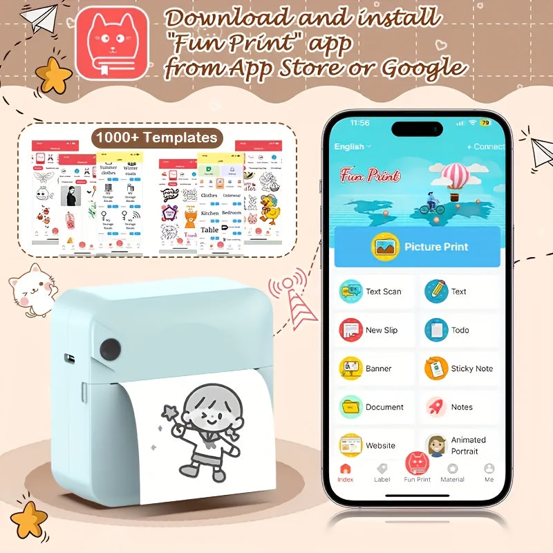 (Pink）Inkless Sticker Printer Mini Thermal Printer with Roll Thermal Paper, Wireless Pocket Printer, Smart Portable Receipt Printer for Photos, Diaries, Notes, and Preparation Work.