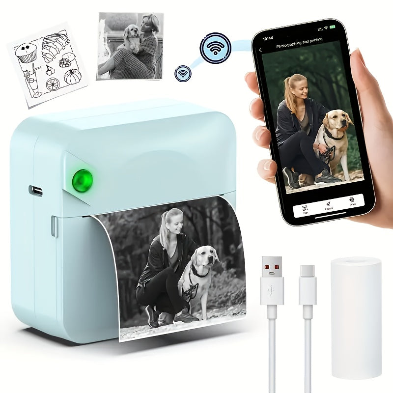 (White）Inkless Sticker Printer Mini Thermal Printer with Roll Thermal Paper, Wireless Pocket Printer, Smart Portable Receipt Printer for Photos, Diaries, Notes, and Preparation Work.