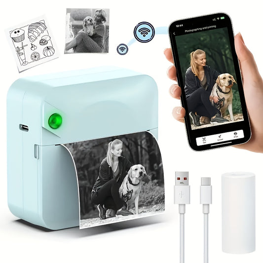 (Blue）Inkless Sticker Printer Mini Thermal Printer with Roll Thermal Paper, Wireless Pocket Printer, Smart Portable Receipt Printer for Photos, Diaries, Notes, and Preparation Work.