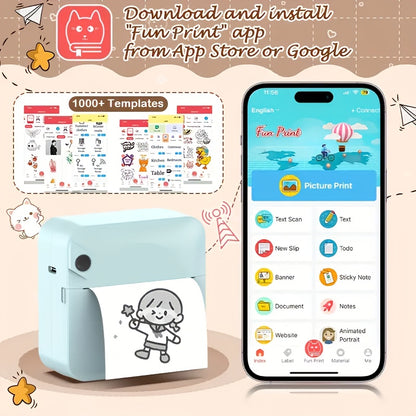 (Blue）Inkless Sticker Printer Mini Thermal Printer with Roll Thermal Paper, Wireless Pocket Printer, Smart Portable Receipt Printer for Photos, Diaries, Notes, and Preparation Work.