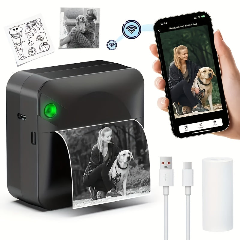 (Blue）Inkless Sticker Printer Mini Thermal Printer with Roll Thermal Paper, Wireless Pocket Printer, Smart Portable Receipt Printer for Photos, Diaries, Notes, and Preparation Work.