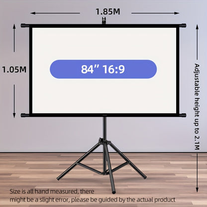 84inPortable and mobile projection screen with tripod stand, 16:9 HD format, suitable for home theater and indoor wall mounting. Made of polyester fabric, easy to set up and use. Ideal for office presentations and home entertainment, ready to use right ou