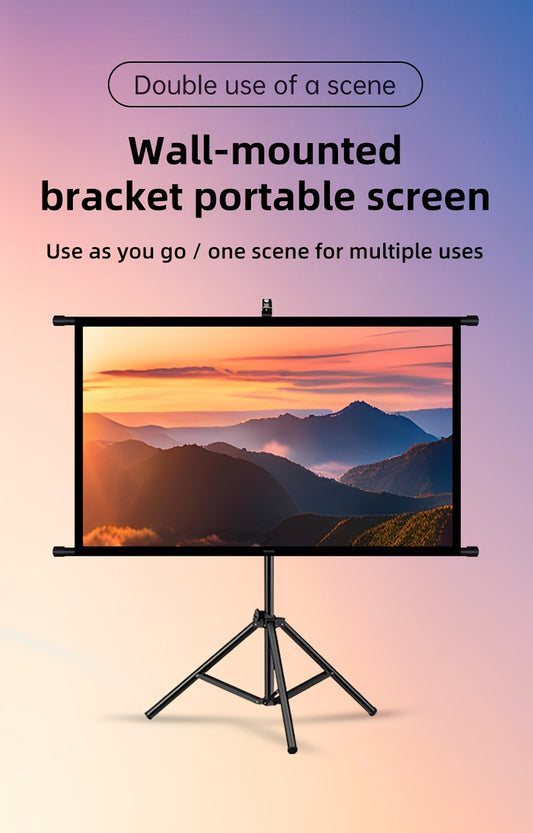 84inPortable and mobile projection screen with tripod stand, 16:9 HD format, suitable for home theater and indoor wall mounting. Made of polyester fabric, easy to set up and use. Ideal for office presentations and home entertainment, ready to use right ou