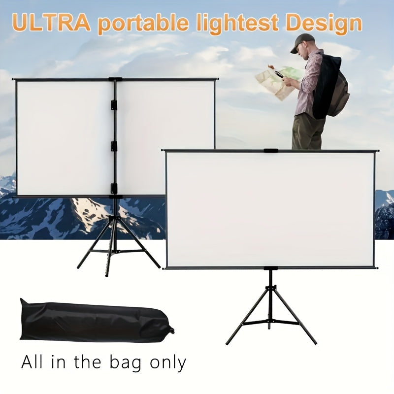 120in Portable and mobile projection screen with tripod stand, 16:9 HD format, suitable for home theater and indoor wall mounting. Made of polyester fabric, easy to set up and use. Ideal for office presentations and home entertainment, ready to use right