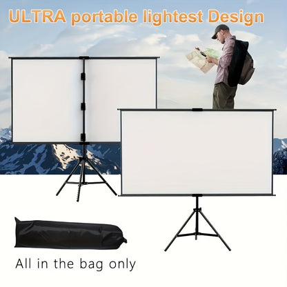 120in Portable and mobile projection screen with tripod stand, 16:9 HD format, suitable for home theater and indoor wall mounting. Made of polyester fabric, easy to set up and use. Ideal for office presentations and home entertainment, ready to use right