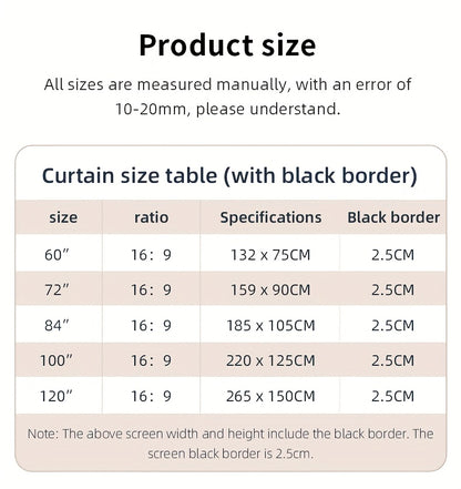 120in Portable and mobile projection screen with tripod stand, 16:9 HD format, suitable for home theater and indoor wall mounting. Made of polyester fabric, easy to set up and use. Ideal for office presentations and home entertainment, ready to use right
