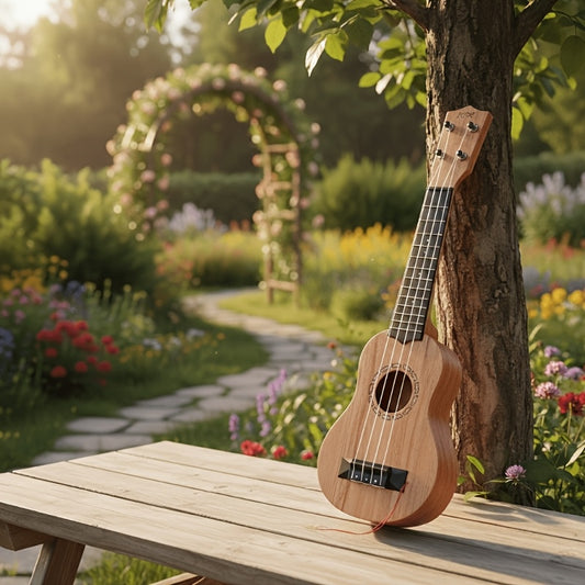 Wood color 17-inch Playable Ukulele Mini Guitar, lightweight and portable. Features comfortable nylon strings, includes a pick, and has open-style tuning pegs for precise tuning. Suitable for beginners and music enthusiasts, a popular gift choice for holi