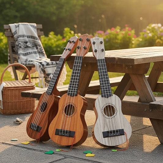 Wood color 17-inch Playable Ukulele Mini Guitar, lightweight and portable. Features comfortable nylon strings, includes a pick, and has open-style tuning pegs for precise tuning. Suitable for beginners and music enthusiasts, a popular gift choice for holi