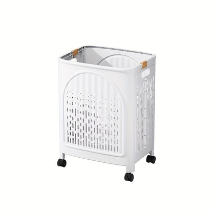 A wheeled foldable plastic laundry basket, suitable for dirty clothes and easy to move. It features a breathable design for convenience and practicality.