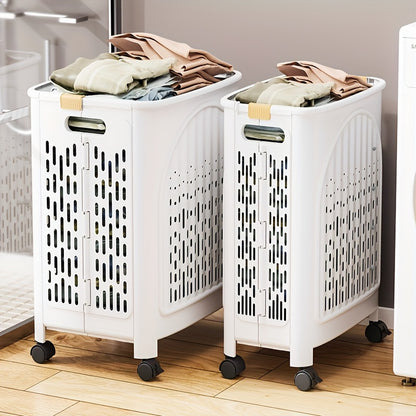A wheeled foldable plastic laundry basket, suitable for dirty clothes and easy to move. It features a breathable design for convenience and practicality.