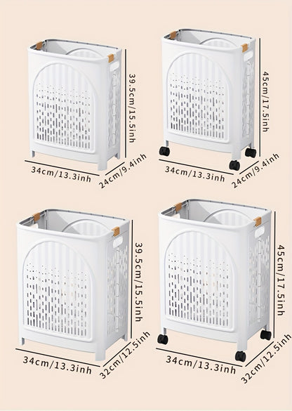 A wheeled foldable plastic laundry basket, suitable for dirty clothes and easy to move. It features a breathable design for convenience and practicality.