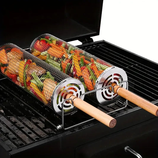 2-Pack Stainless Steel Rotating Grill Baskets with Removable Wooden Handle – Durable 304 Mesh for Veggies, Prawns & More – Perfect for BBQ, Camping & Outdoor Cooking, Great Gift for Dad or Husband - Mekamart Australia