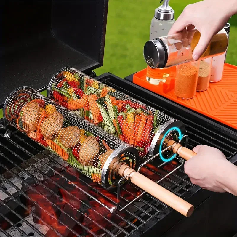2-Pack Stainless Steel Rotating Grill Baskets with Removable Wooden Handle – Durable 304 Mesh for Veggies, Prawns & More – Perfect for BBQ, Camping & Outdoor Cooking, Great Gift for Dad or Husband - Mekamart Australia