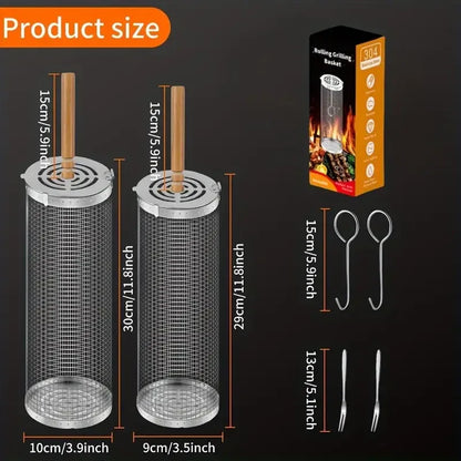 2-Pack Stainless Steel Rotating Grill Baskets with Removable Wooden Handle – Durable 304 Mesh for Veggies, Prawns & More – Perfect for BBQ, Camping & Outdoor Cooking, Great Gift for Dad or Husband - Mekamart Australia