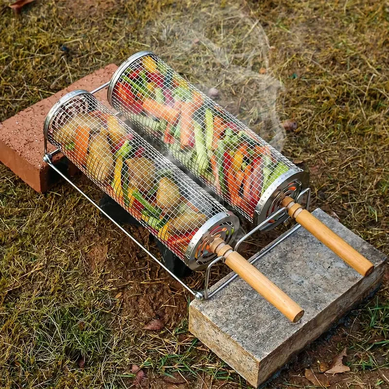 2-Pack Stainless Steel Rotating Grill Baskets with Removable Wooden Handle – Durable 304 Mesh for Veggies, Prawns & More – Perfect for BBQ, Camping & Outdoor Cooking, Great Gift for Dad or Husband - Mekamart Australia