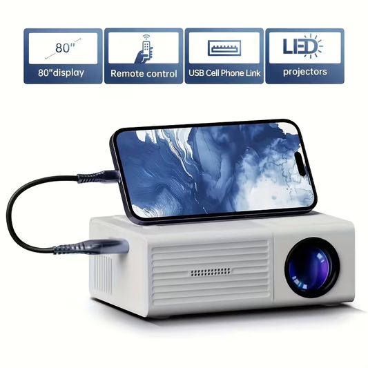 Portable mini projector - 1080P high-definition cinema, suitable for home, office and gaming | Compatible with iOS/Android/Windows | USB power supply + remote control