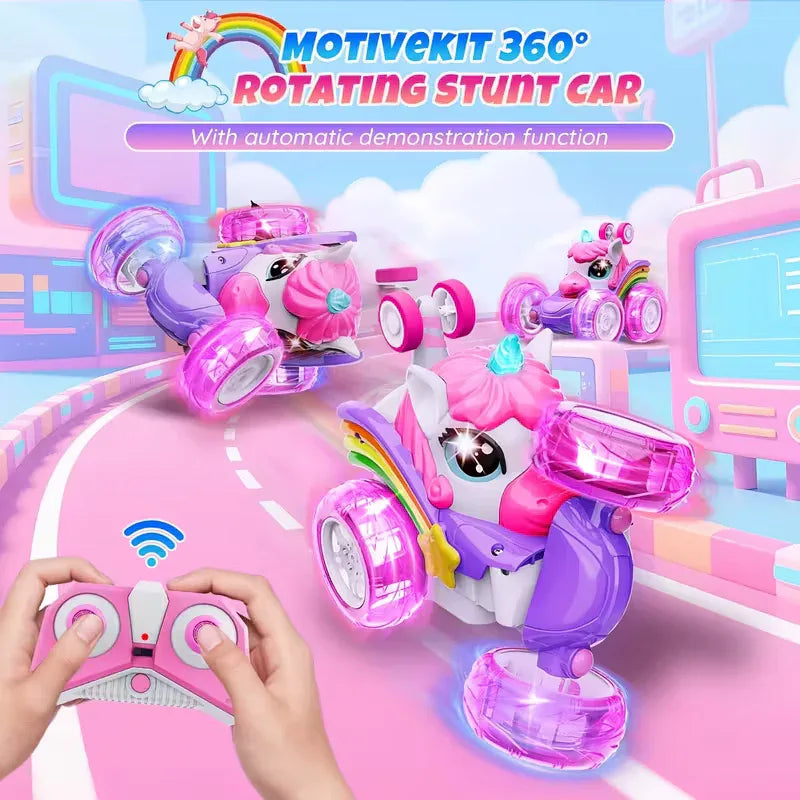 Unicorn remote control car for girls, 360° rotating four-wheel drive stunt remote control car with cute lights, rechargeable toy - children's birthday gift - Mekamart Australia