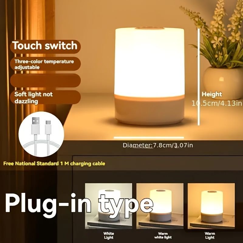 White Silver Touch-Controlled Bedside Lamp Dimmable Table Lamp 3-Color Warm White LED Light