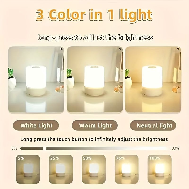 White Silver Touch-Controlled Bedside Lamp Dimmable Table Lamp 3-Color Warm White LED Light